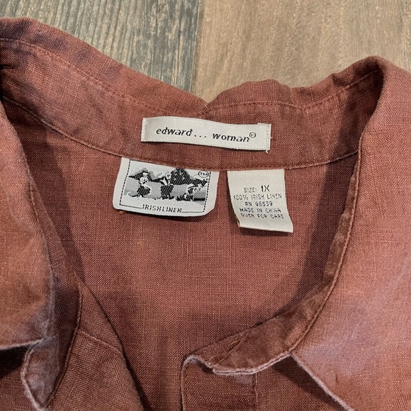 Edward Shirt Womens 1X Brown 100% Irish Linen 3/4 Sleeve Collared tunic Brown - Picture 9 of 11